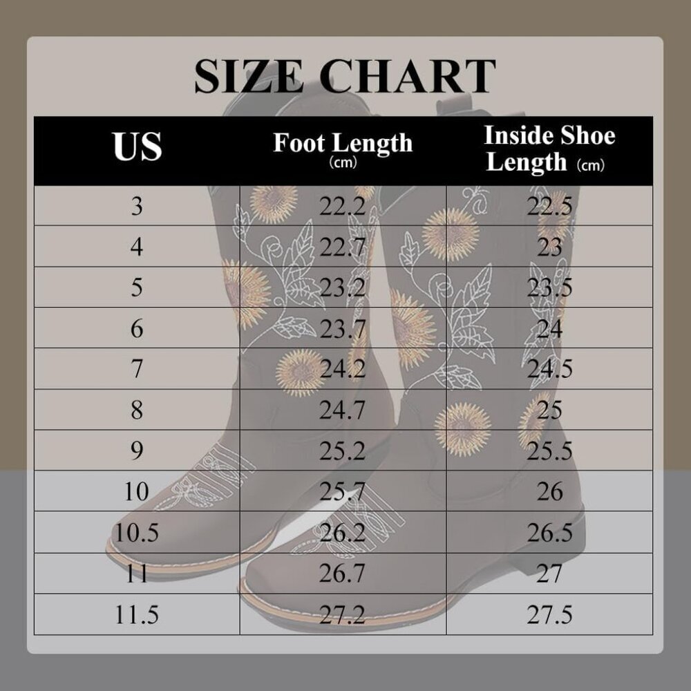 Cowboy Boots for Women Cowgirl Western Boot Sunflower Embroidery Square Toe Heel - Picture 6 of 6